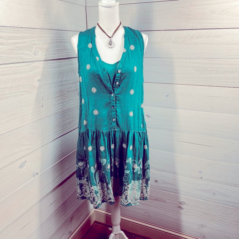 Maeve Anthropologie Linen Blend Teal & Embroidered Floral Dress XS FREE SHIP